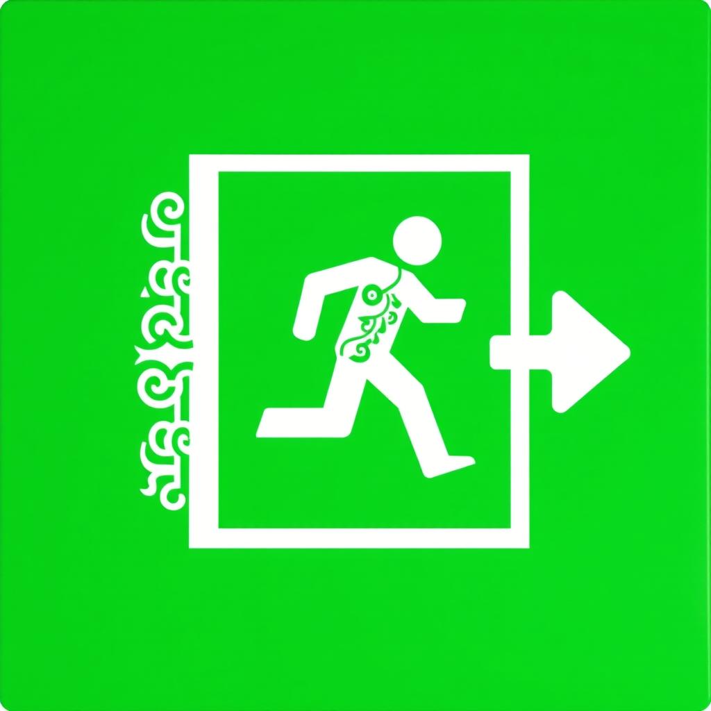 An eye-catching emergency exit pictogram that harmoniously combines Asian and Peruvian artistic styles