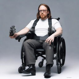 Present Sam Hyde as a realistic, complex cyborg seated in a technologically advanced wheelchair, with detailed mechanical parts blending seamlessly into his human attributes