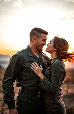 A passionate military romance scene featuring a strong, heroic soldier in full army uniform, with a confident and charming demeanor, standing in an idyllic battlefield with a soft sunset in the background
