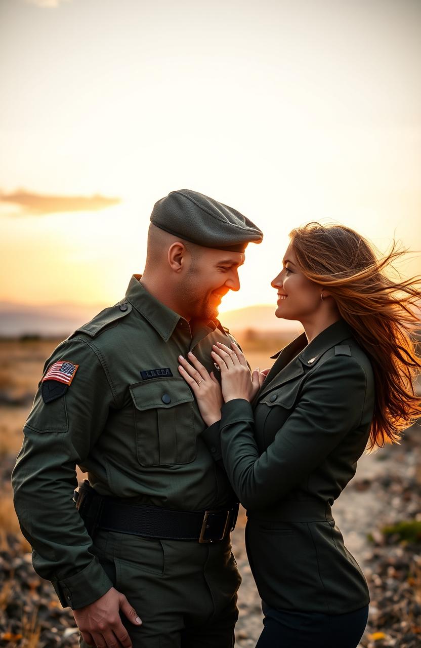 A passionate military romance scene featuring a strong, heroic soldier in full army uniform, with a confident and charming demeanor, standing in an idyllic battlefield with a soft sunset in the background