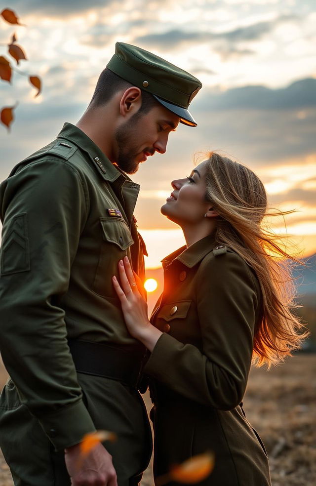 A passionate military romance scene featuring a strong, heroic soldier in full army uniform, with a confident and charming demeanor, standing in an idyllic battlefield with a soft sunset in the background