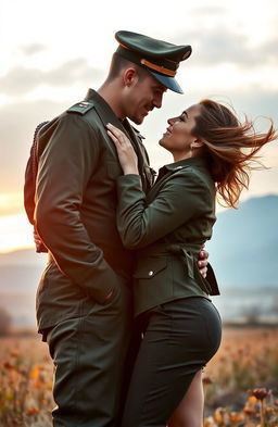 A passionate military romance scene featuring a strong, heroic soldier in full army uniform, with a confident and charming demeanor, standing in an idyllic battlefield with a soft sunset in the background