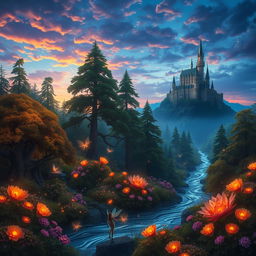 A stunning fantasy landscape depicting an enchanted forest with glowing flora, towering ancient trees, and a crystal-clear river flowing through it, under a twilight sky filled with vibrant colors