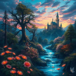 A stunning fantasy landscape depicting an enchanted forest with glowing flora, towering ancient trees, and a crystal-clear river flowing through it, under a twilight sky filled with vibrant colors