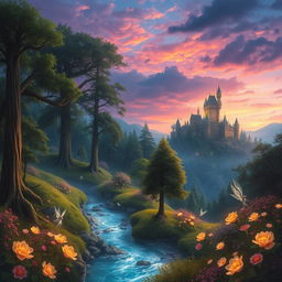 A stunning fantasy landscape depicting an enchanted forest with glowing flora, towering ancient trees, and a crystal-clear river flowing through it, under a twilight sky filled with vibrant colors