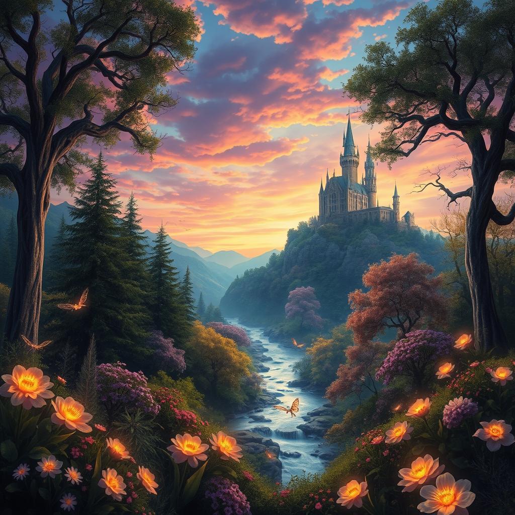 A stunning fantasy landscape depicting an enchanted forest with glowing flora, towering ancient trees, and a crystal-clear river flowing through it, under a twilight sky filled with vibrant colors