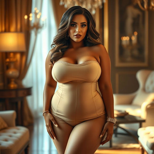 A voluptuous woman with a stunning figure, emphasizing her curvy silhouette and large bust