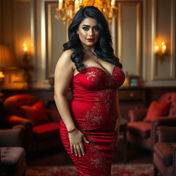 A voluptuous woman with big busty features, standing confidently in an elegant pose