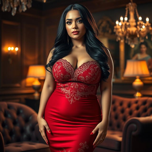 A voluptuous woman with big busty features, standing confidently in an elegant pose