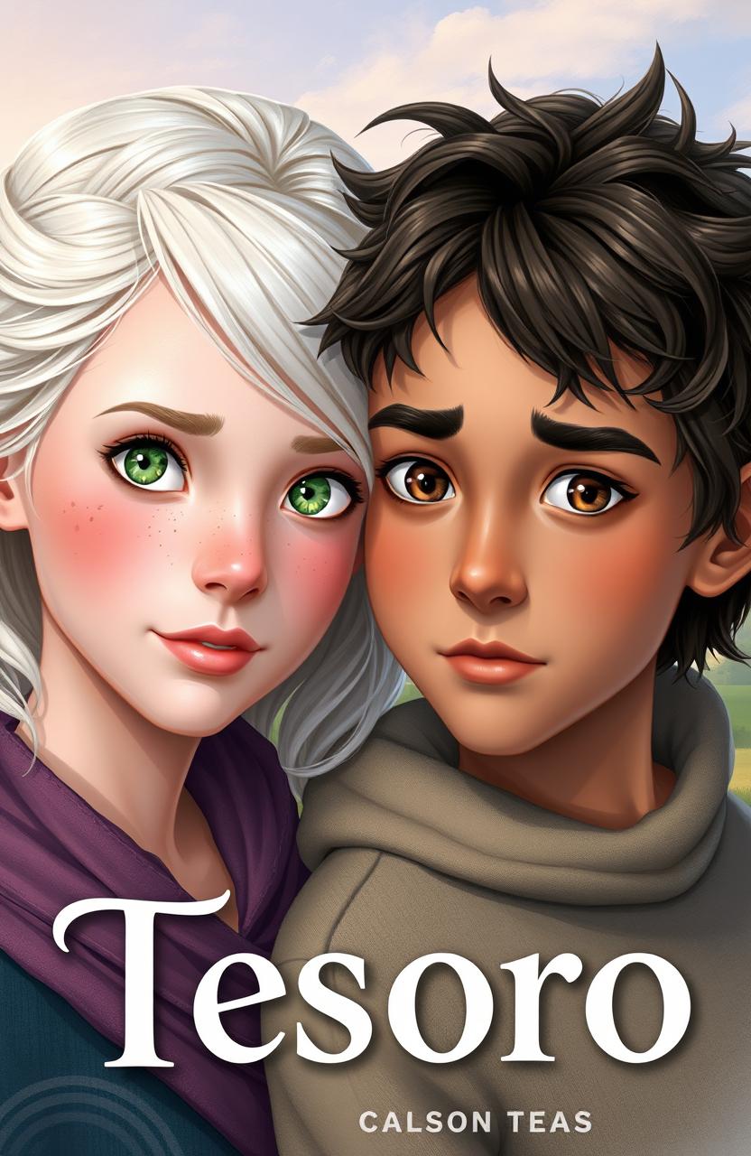 A captivating book cover for 'Tesoro' featuring a light-skinned girl with platinum blonde hair styled beautifully, sparkling green eyes, and charming freckles across her cheeks