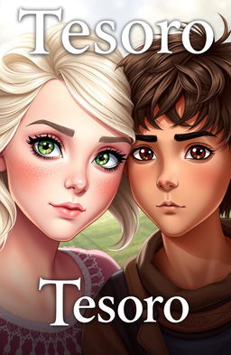 A captivating book cover for 'Tesoro' featuring a light-skinned girl with platinum blonde hair styled beautifully, sparkling green eyes, and charming freckles across her cheeks