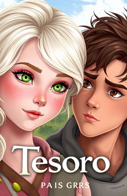 A captivating book cover for 'Tesoro' featuring a light-skinned girl with platinum blonde hair styled beautifully, sparkling green eyes, and charming freckles across her cheeks