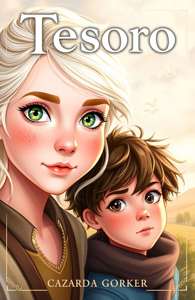 A captivating book cover for 'Tesoro' featuring a light-skinned girl with platinum blonde hair styled beautifully, sparkling green eyes, and charming freckles across her cheeks