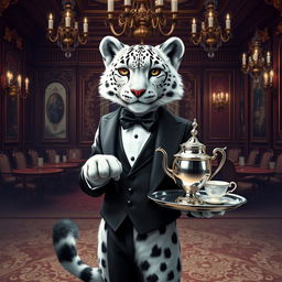 A snow leopard tabaxi dressed as a butler, elegantly standing in a lavish, fantasy setting