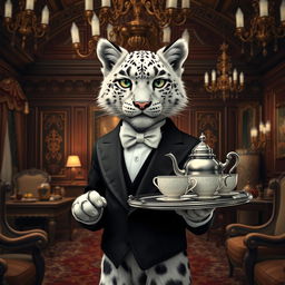 A snow leopard tabaxi dressed as a butler, elegantly standing in a lavish, fantasy setting