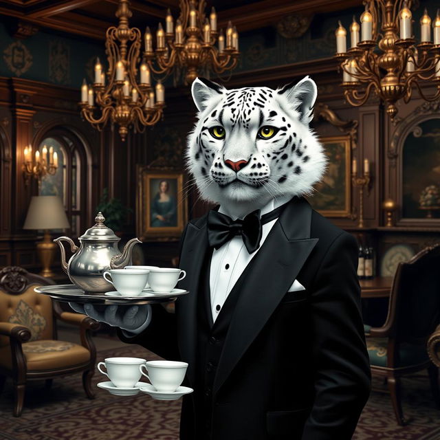 A snow leopard tabaxi dressed as a butler, elegantly standing in a lavish, fantasy setting