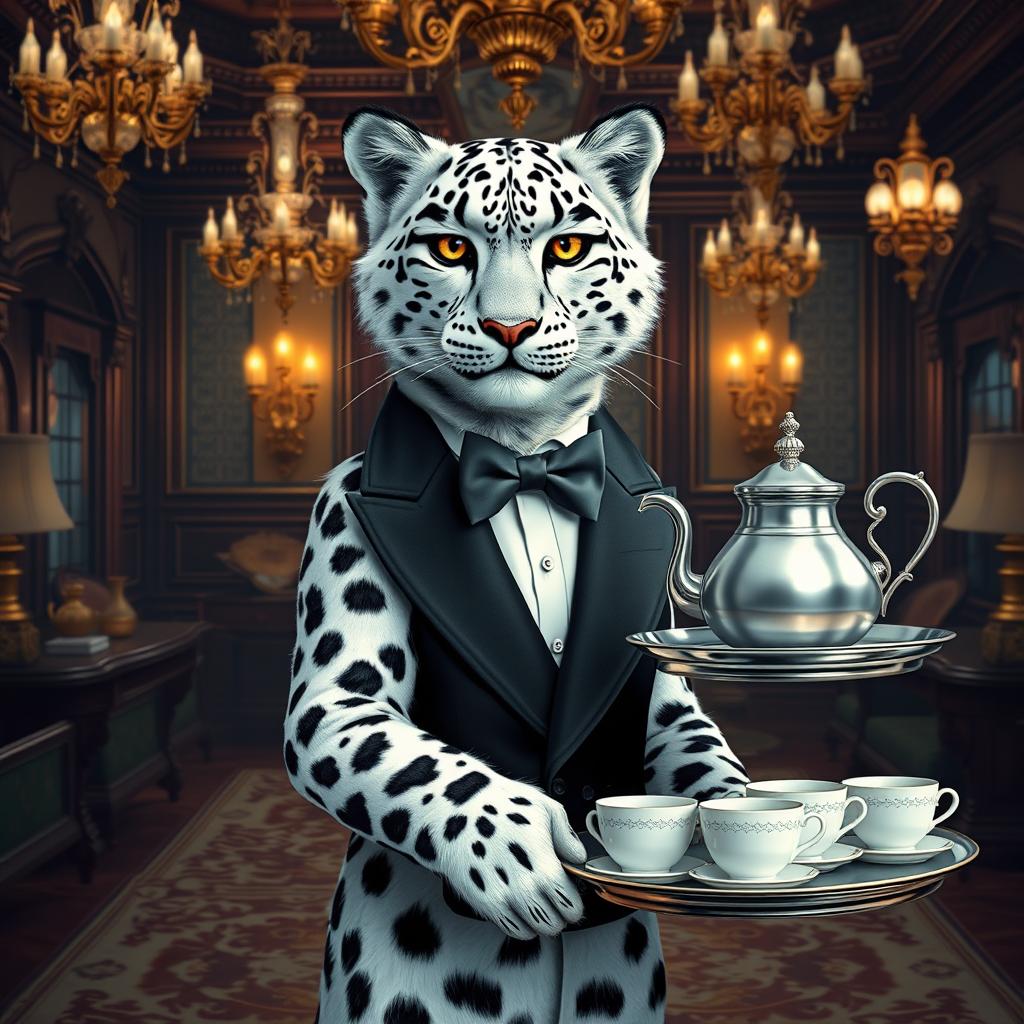 A snow leopard tabaxi dressed as a butler, elegantly standing in a lavish, fantasy setting