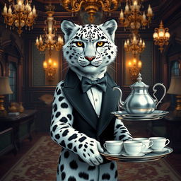 A snow leopard tabaxi dressed as a butler, elegantly standing in a lavish, fantasy setting