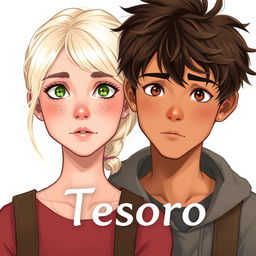 A realistic book cover for 'Tesoro' featuring a light-skinned girl in her early 20s with beautiful platinum blonde hair, striking green eyes, and a sprinkle of freckles adorning her face