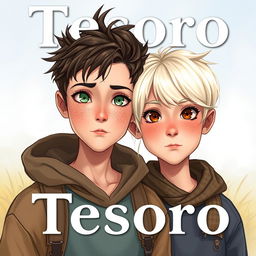 A realistic book cover for 'Tesoro' featuring a light-skinned girl in her early 20s with beautiful platinum blonde hair, striking green eyes, and a sprinkle of freckles adorning her face