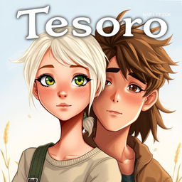 A realistic book cover for 'Tesoro' featuring a light-skinned girl in her early 20s with beautiful platinum blonde hair, striking green eyes, and a sprinkle of freckles adorning her face