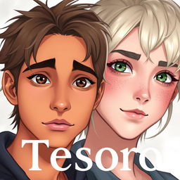 A book cover for 'Tesoro' showcasing a light-skinned young woman in her 20s, possessing stunning platinum blonde hair, captivating green eyes, and a sprinkle of freckles