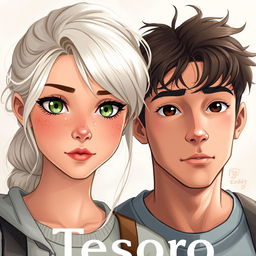 A book cover for 'Tesoro' showcasing a light-skinned young woman in her 20s, possessing stunning platinum blonde hair, captivating green eyes, and a sprinkle of freckles