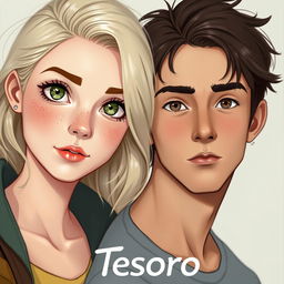 A book cover for 'Tesoro' showcasing a light-skinned young woman in her 20s, possessing stunning platinum blonde hair, captivating green eyes, and a sprinkle of freckles