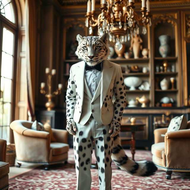 An eloquent adult male snow leopard tabaxi butler, wearing a classic tuxedo with a bow tie, standing elegantly in a lavish living room setting