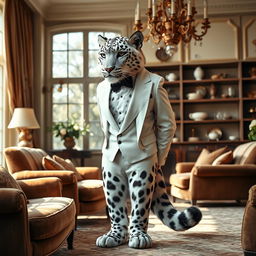An eloquent adult male snow leopard tabaxi butler, wearing a classic tuxedo with a bow tie, standing elegantly in a lavish living room setting