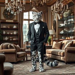 An eloquent adult male snow leopard tabaxi butler, wearing a classic tuxedo with a bow tie, standing elegantly in a lavish living room setting