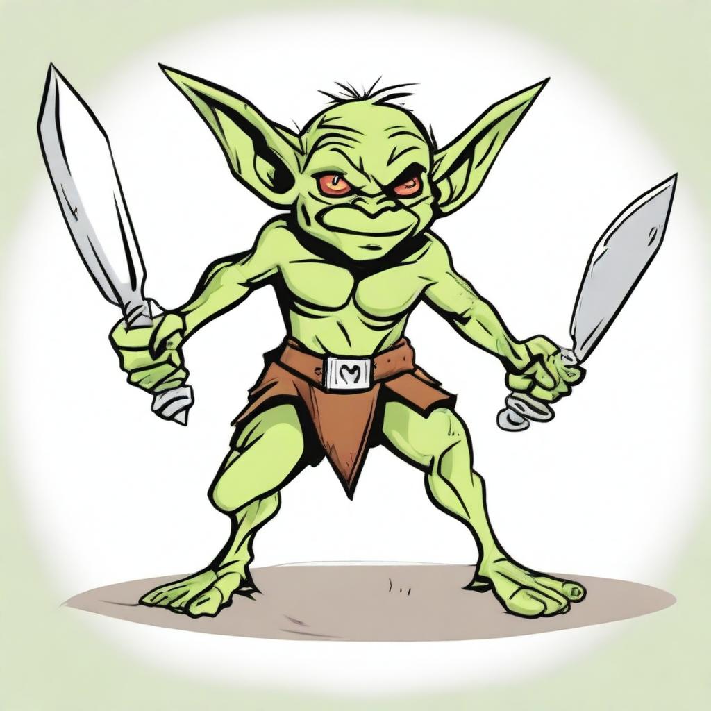 Crudely drawn goblin character dual wielding two swords in a defiant stance.