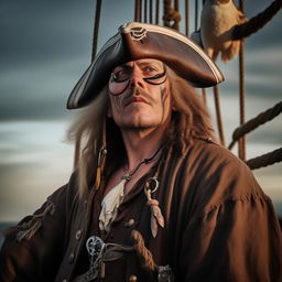 A classic pirate with a weathered tricorn hat, eye patch, and a parrot on his shoulder, standing on the deck of a wooden pirate ship.