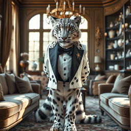 An eloquent adult male snow leopard tabaxi butler, wearing a classic tuxedo with a bow tie, standing elegantly in a lavish living room setting