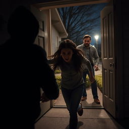 A tense and dramatic scene where a terrified female neighbor is frantically running towards a couple's home, looking back in panic as she is being chased by a menacing figure in the shadows