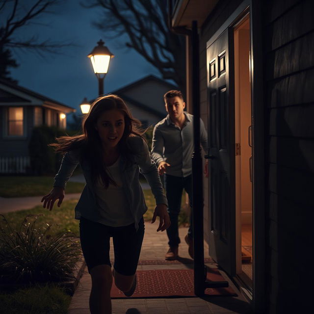 A tense and dramatic scene where a terrified female neighbor is frantically running towards a couple's home, looking back in panic as she is being chased by a menacing figure in the shadows