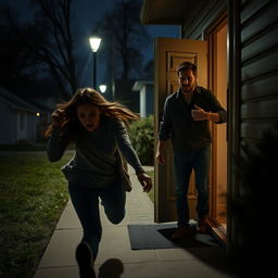 A tense and dramatic scene where a terrified female neighbor is frantically running towards a couple's home, looking back in panic as she is being chased by a menacing figure in the shadows