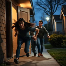 A tense and dramatic scene where a terrified female neighbor is frantically running towards a couple's home, looking back in panic as she is being chased by a menacing figure in the shadows