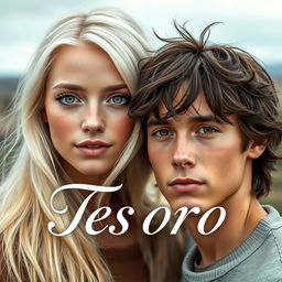 The front cover of 'Tesoro' showcases a light-skinned girl in her 20s with long, flowing platinum hair, vibrant green eyes, and a delicate scattering of freckles across her cheeks