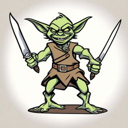 Crudely drawn goblin character dual wielding two swords in a defiant stance.