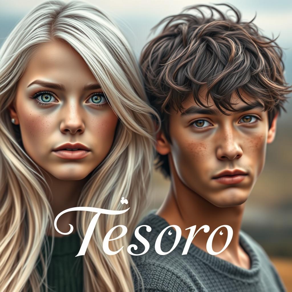 The front cover of 'Tesoro' showcases a light-skinned girl in her 20s with long, flowing platinum hair, vibrant green eyes, and a delicate scattering of freckles across her cheeks