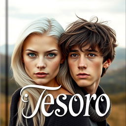 The front cover of 'Tesoro' showcases a light-skinned girl in her 20s with long, flowing platinum hair, vibrant green eyes, and a delicate scattering of freckles across her cheeks