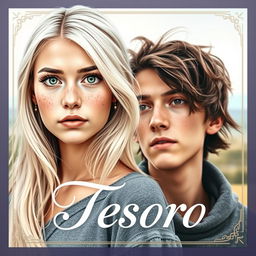 The front cover of 'Tesoro' showcases a light-skinned girl in her 20s with long, flowing platinum hair, vibrant green eyes, and a delicate scattering of freckles across her cheeks