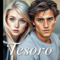The front cover of 'Tesoro' features a light-skinned girl with long, flowing platinum hair, vibrant green eyes, and a charming sprinkle of freckles