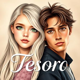The front cover of 'Tesoro' features a light-skinned girl with long, flowing platinum hair, vibrant green eyes, and a charming sprinkle of freckles