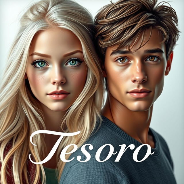 The front cover of 'Tesoro' features a light-skinned girl with long, flowing platinum hair, vibrant green eyes, and a charming sprinkle of freckles