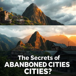 A captivating YouTube video thumbnail that evokes curiosity about abandoned cities like Pripyat, Machu Picchu, Hashima, and Bodie