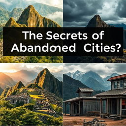 A captivating YouTube video thumbnail that evokes curiosity about abandoned cities like Pripyat, Machu Picchu, Hashima, and Bodie