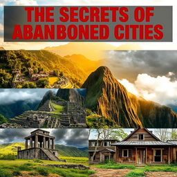 A captivating YouTube video thumbnail that evokes curiosity about abandoned cities like Pripyat, Machu Picchu, Hashima, and Bodie