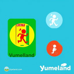 A creative emergency exit pictogram designed specifically for 'Yumeland', featuring whimsical and playful elements